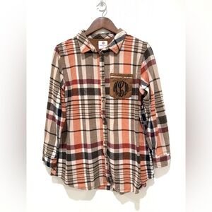 Marleylilly Women’s Brown Orange Beige Plaid Button-Up Shirt Top Size XL